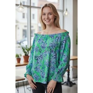 Lilly Pulitzer Lessa Top Women’s Medium Cabana Green Keepin It Reel Off Shoulder